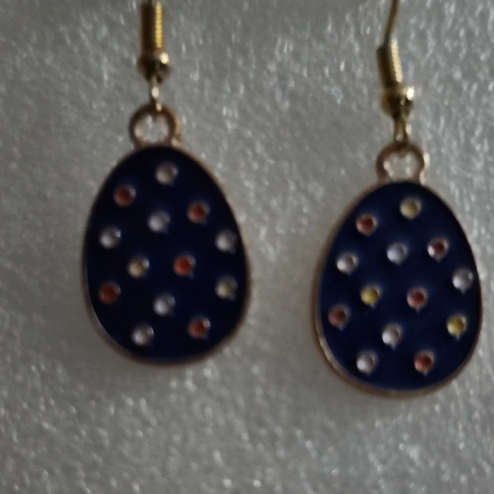Hand Crafted Navy Blue Polka Drop Earrings with Gold Accents